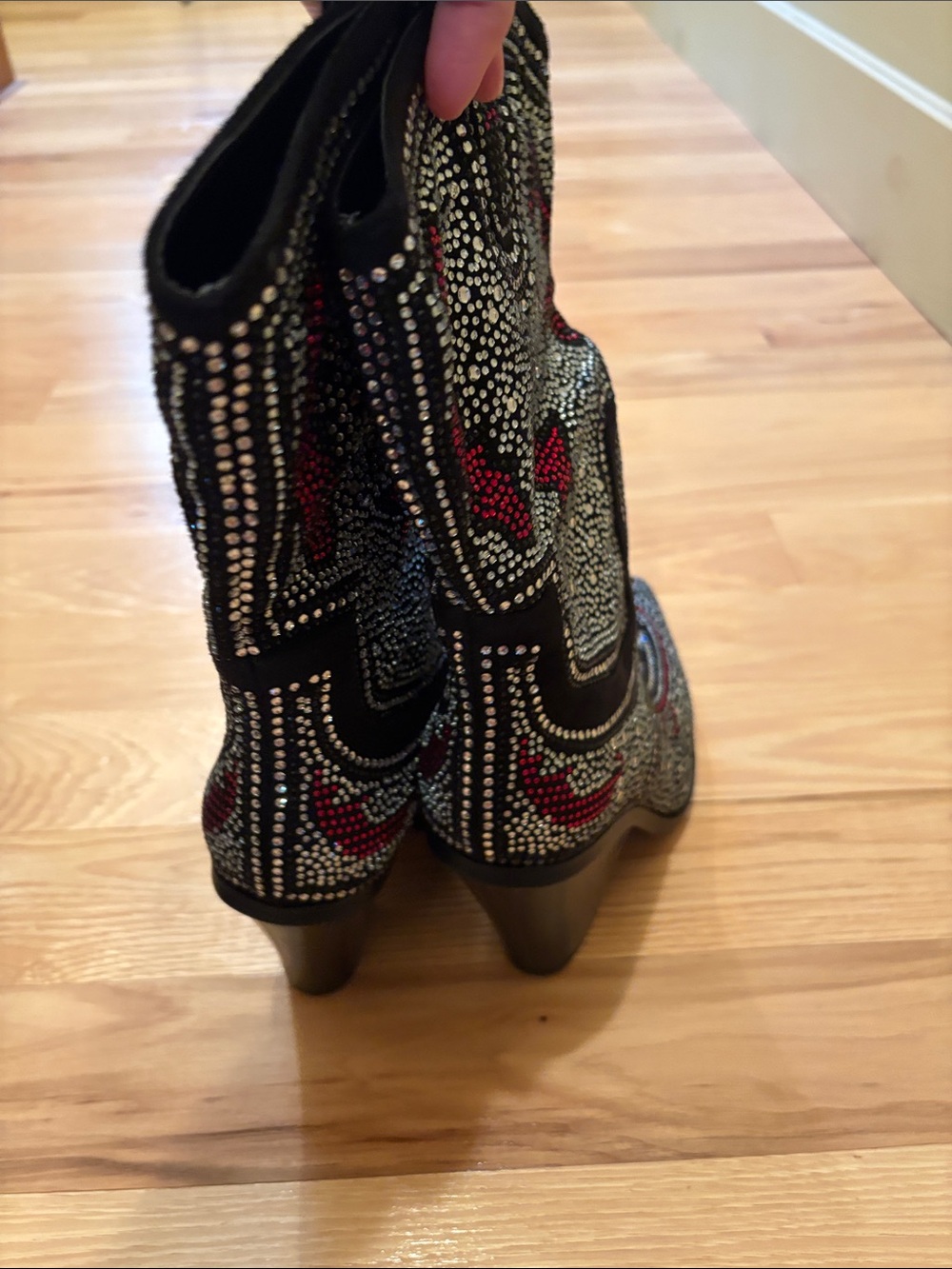 Black Rhinestone Western-Style Ankle Boots with Red Accents - Picture 5 of 8